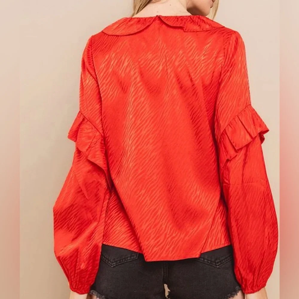 Red Ruffled Long Sleeve Blouse - Picture 2 of 5
